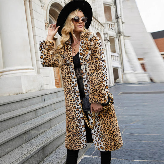 Damen Langer Mantel mit Leopardenmuster und weichem Kunstfell Heidi-Mode