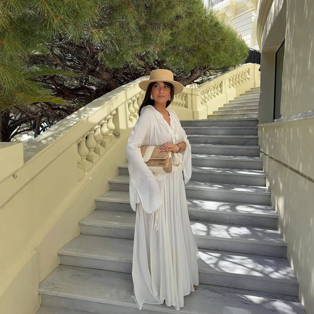 Damen Maxi-Kleid mit elegantem Rüschendesign und tiefem V-Ausschnitt Heidi-Mode