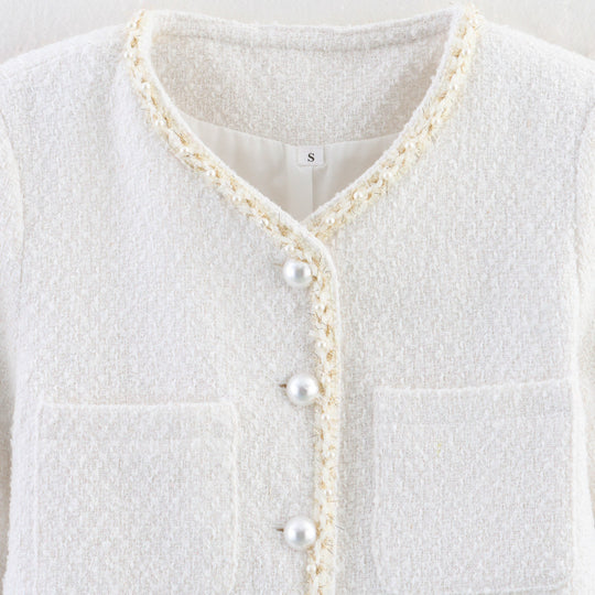 Damen modische Bouclé-Jacke mit eleganten Taschen und perlverzierten Knöpfen Heidi-Mode