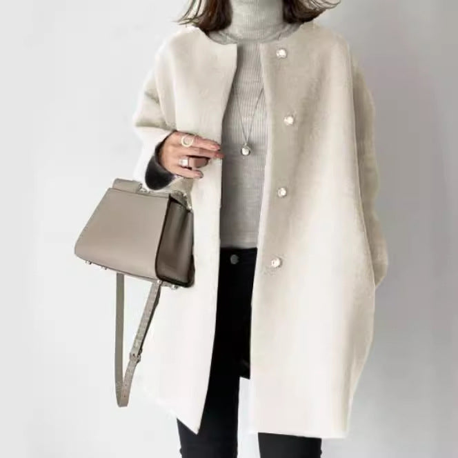 Damen Eleganter Oversized Wollmantel mit Doppelknopf-Verschluss und seitlichen Taschen Heidi-Mode