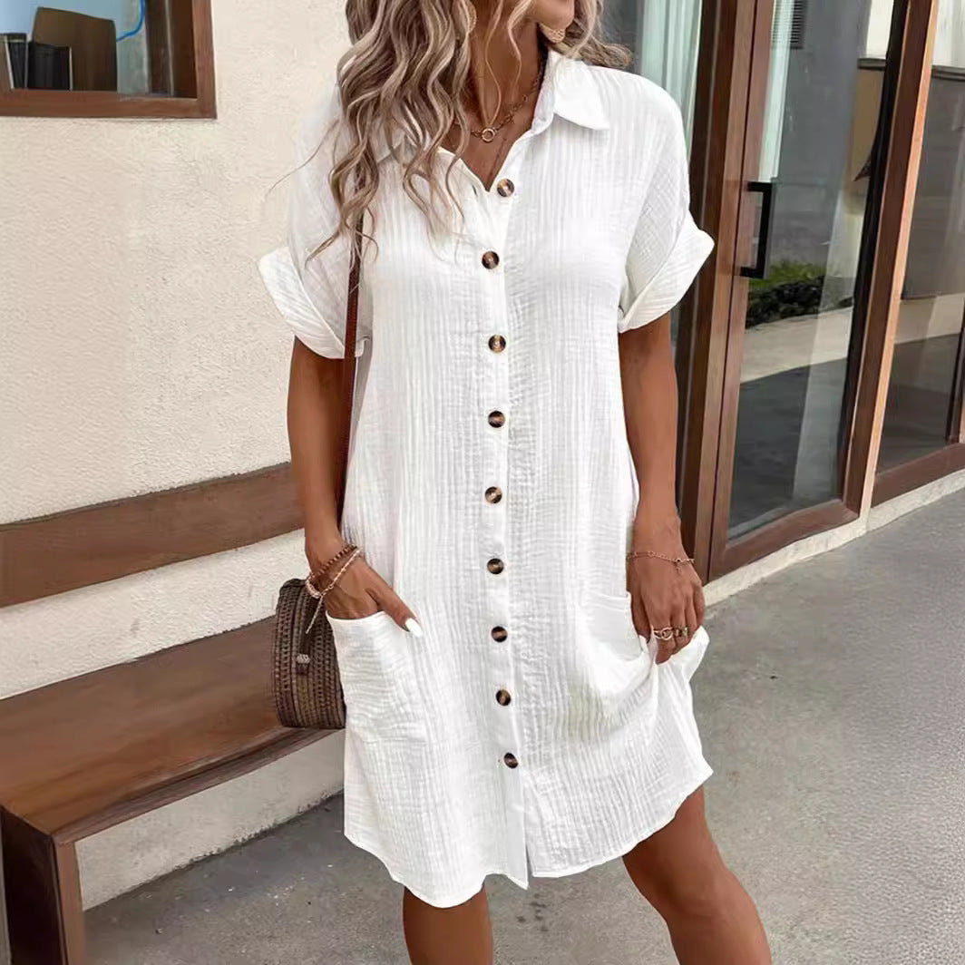 Damen Kurzarm Hemdkleid mit Knopfleiste und praktischen Taschen Heidi-Mode