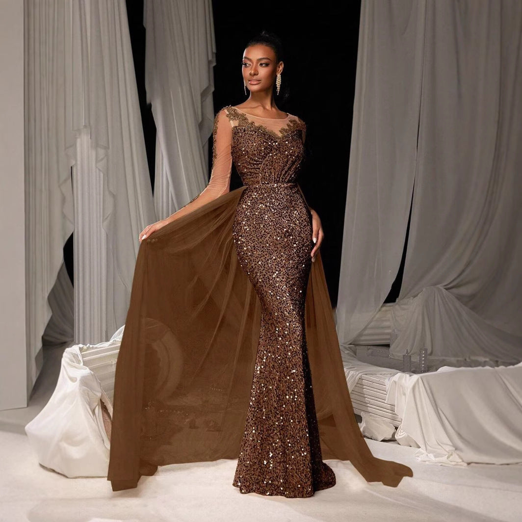 Damen Glitzerndes Abendkleid mit langen Ärmeln und transparentem Überrock Heidi-Mode