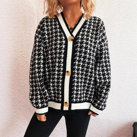 Damen lässiger Strickcardigan mit modischem Hahnentritt-Muster und Holzknöpfen Heidi-Mode