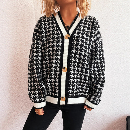 Damen lässiger Strickcardigan mit modischem Hahnentritt-Muster und Holzknöpfen Heidi-Mode