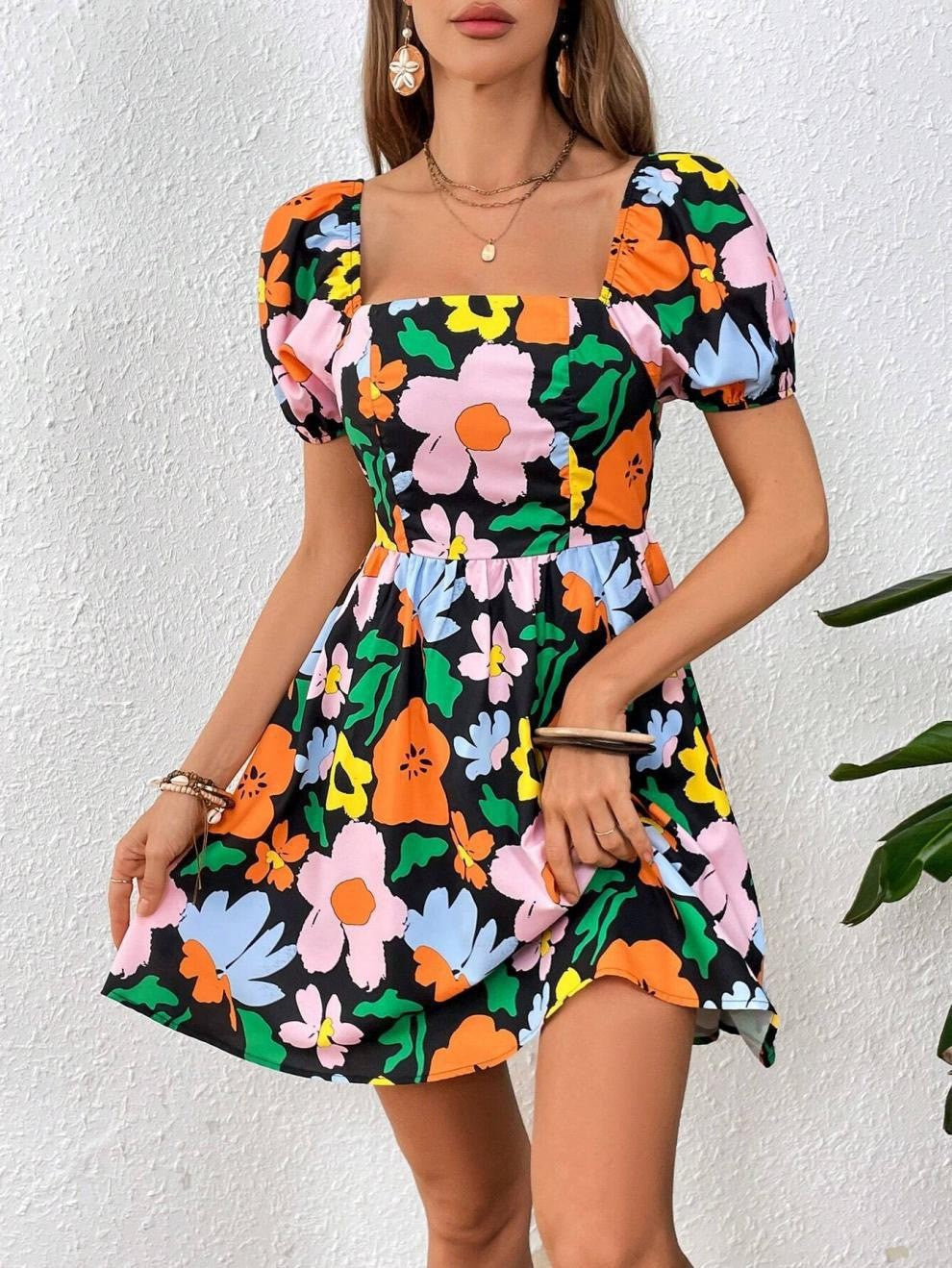Heidi-Mode | V-Ausschnitt Bedrucktes Strand Kleid mit Laternenärmeln