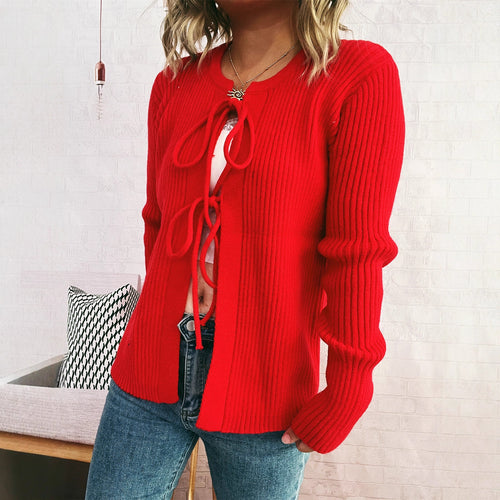 Damen Strickjacke mit dekorativem Schnürdesign und strukturiertem Material Heidi-Mode