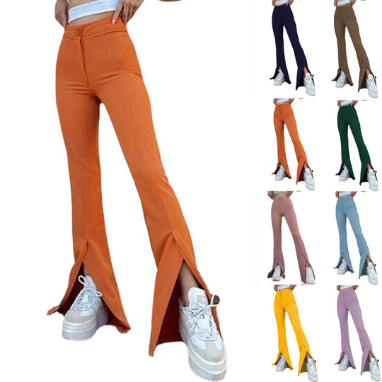 Damen modische High-Waist-Hose mit schmalem Schnitt und ausgestelltem Bein Heidi-Mode