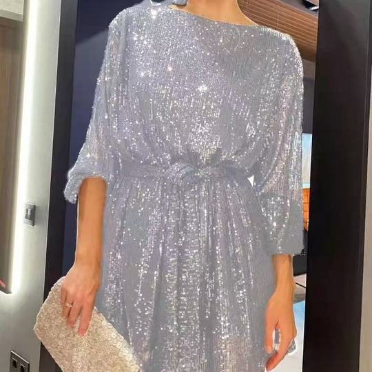 Damen Glitzerndes Minikleid mit langen Ärmeln und schimmerndem Oberstoff Heidi-Mode