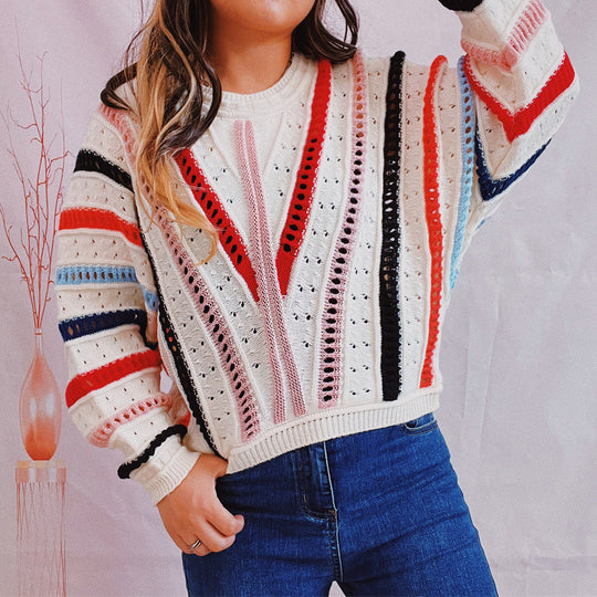 Damen lässiger Strickpullover mit modernem Farbverlauf und einzigartiger Lochstruktur Heidi-Mode