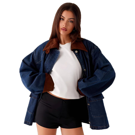 Damen Denimjacke mit Kapuze und kontrastierenden Ärmeln Heidi-Mode