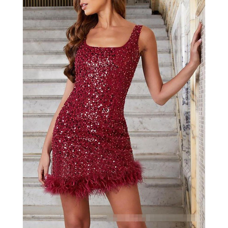 Heidi-Mode | Damen Pailletten Rotes Mini Kleid mit Federbesatz