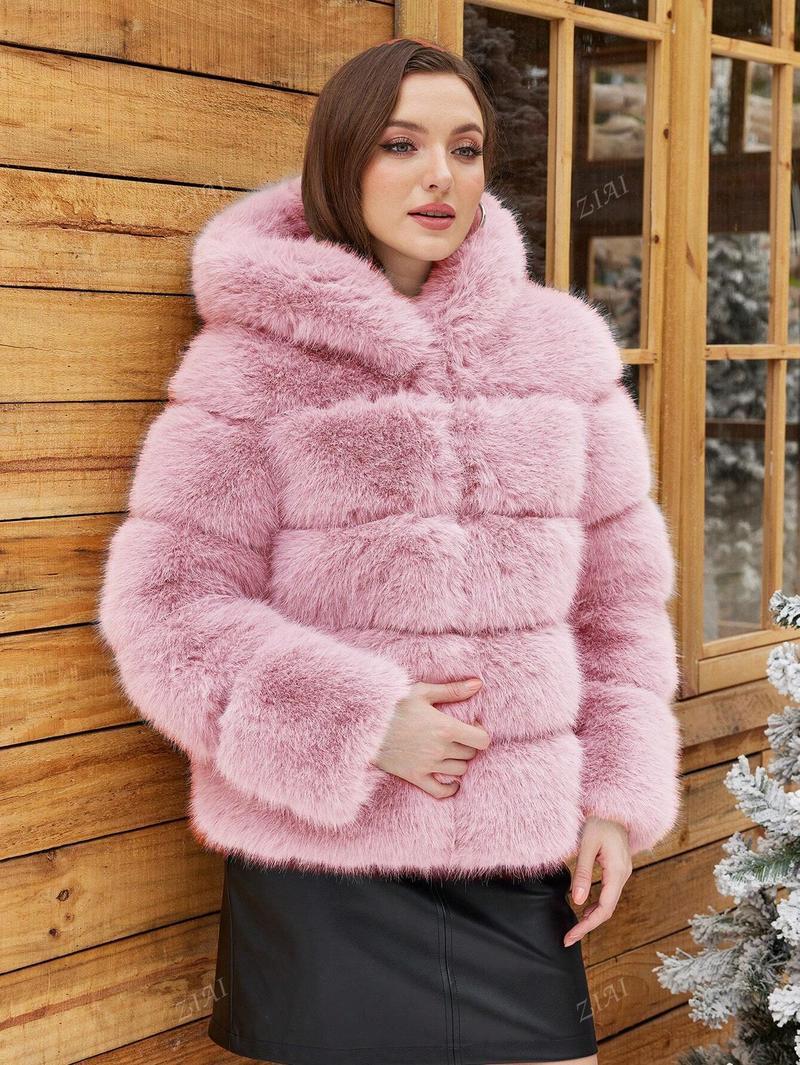Damen Trendige Kunstpelzjacke mit Kapuze Heidi-Mode