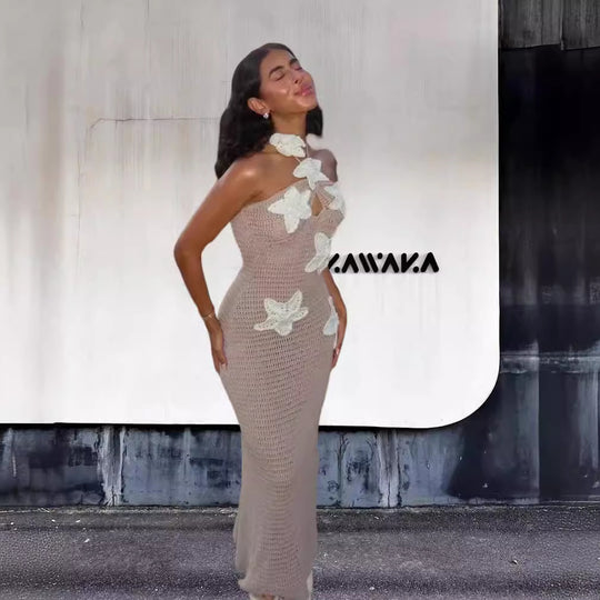 Damen Elegantes Maxikleid mit floralem Häkel-Design Heidi-Mode