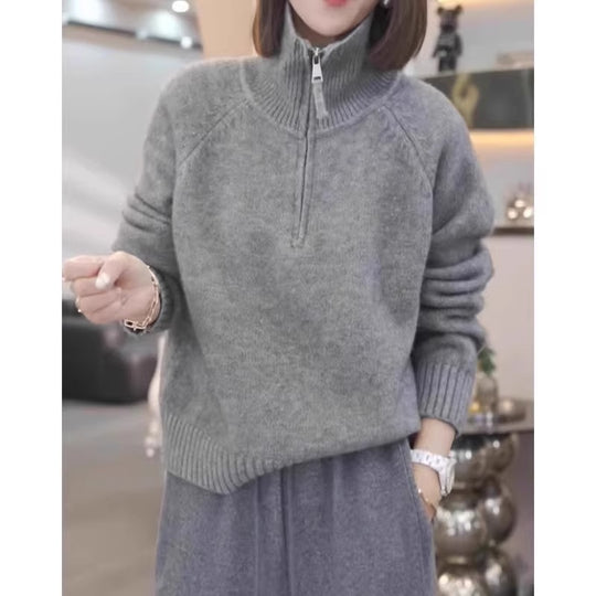 Damen Strickpullover mit hohem Kragen und praktischem Reißverschluss Heidi-Mode