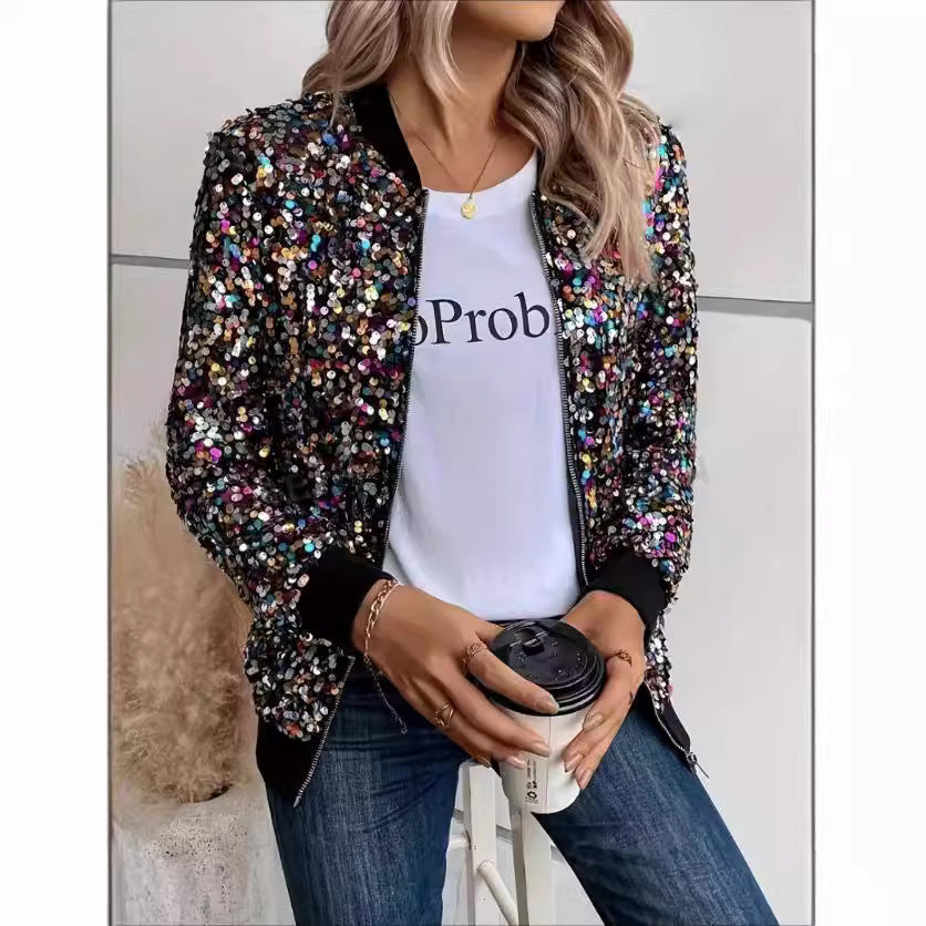 Damen Glitzer Bomberjacke mit funkelnden Pailletten und elastischen Bündchen Heidi-Mode
