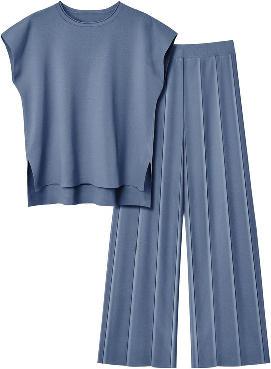 Damen elegantes Set mit kurzärmligem Oberteil und plissierter Hose Heidi-Mode
