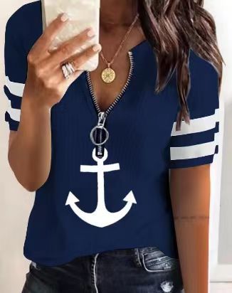 Damen Maritimes Kurzarm-Oberteil mit Reißverschluss und Ankerdesign Heidi-Mode