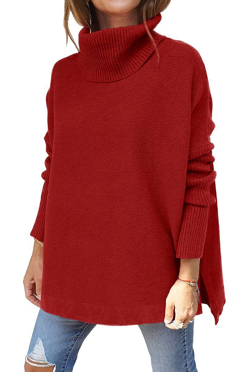 Damen Strickpullover mit hohem Kragen und seitlichen Schlitzen Heidi-Mode