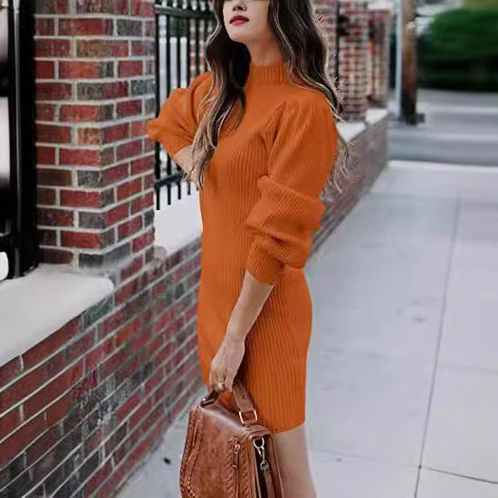 Damen Strickkleid mit hohem Kragen und Puffärmeln Heidi-Mode