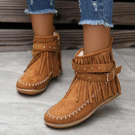 Damen Moccasin-Stiefeletten mit Fransen und dekorativem Schnallen-Design Heidi-Mode
