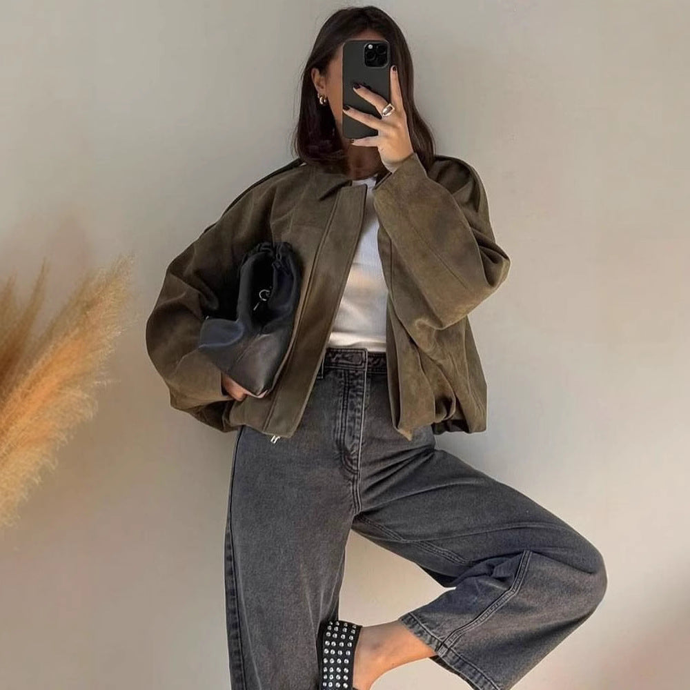 Damen oversized Kunstlederjacke mit elastischem Bund Heidi-Mode