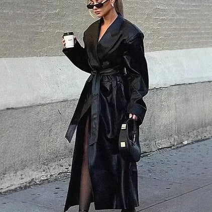 Damen elegante Kunstleder-Trenchcoat mit Gürtel Heidi-Mode