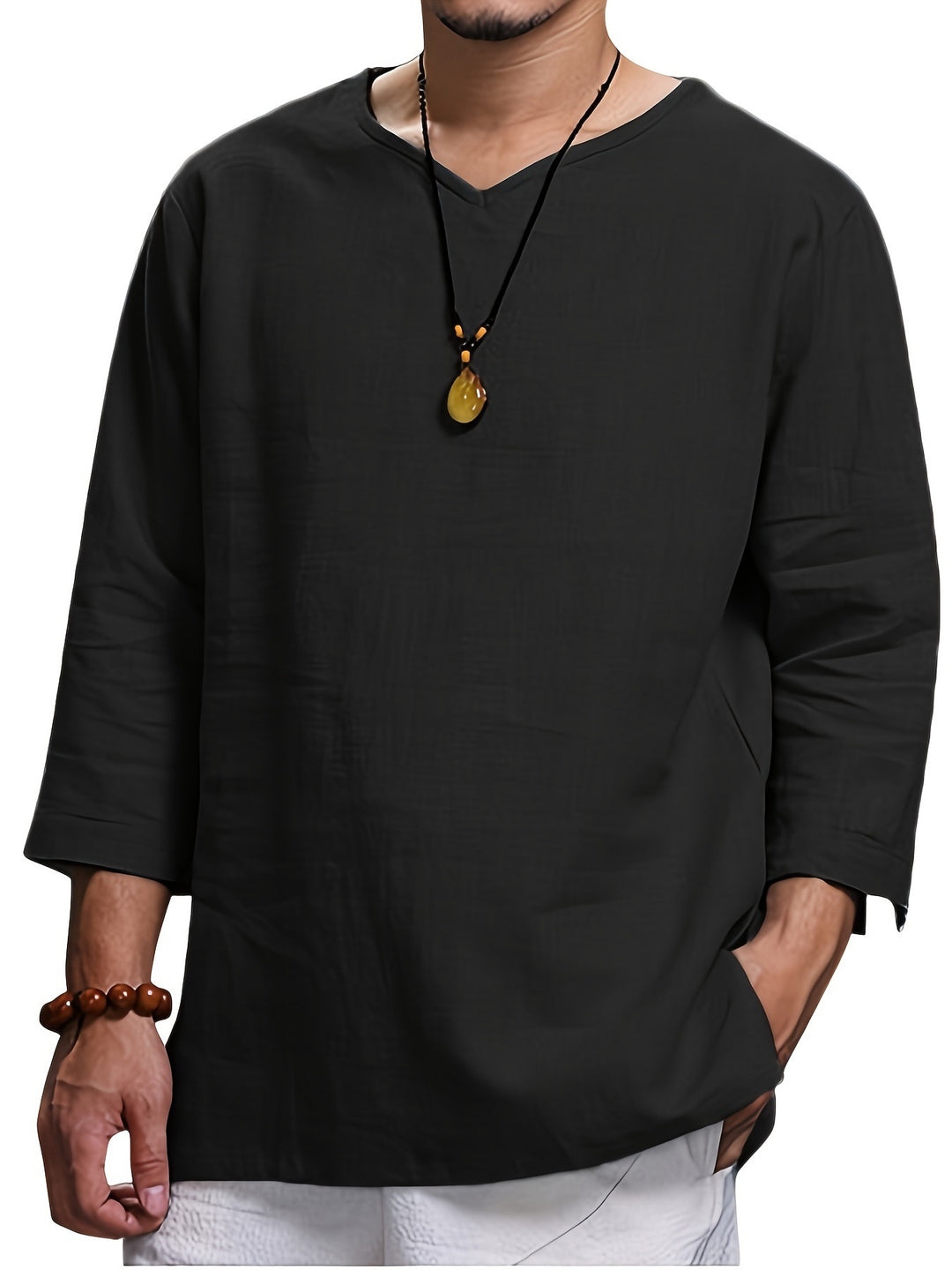 Herren Lässiges Langarmshirt mit V-Ausschnitt und praktischen Seitentaschen Heidi-Mode