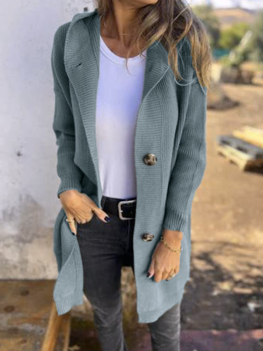 Damen Strickmantel mit Kapuze und Knöpfen Heidi-Mode