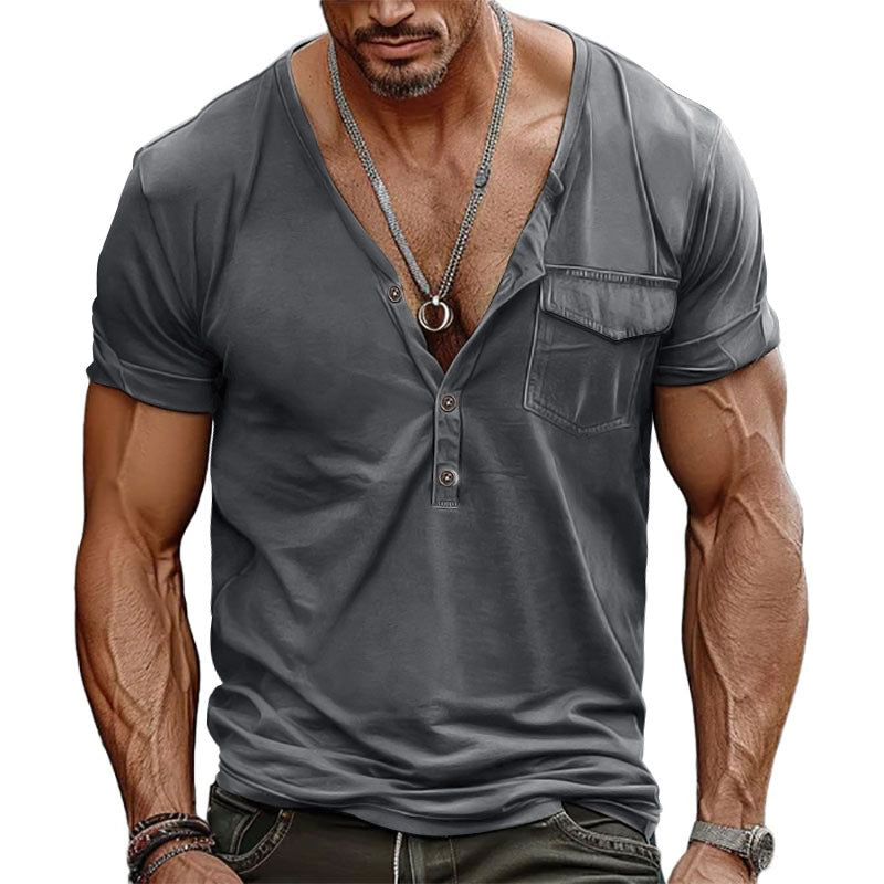 Herren Kurzarm-Henley-T-Shirt mit dekorativer Brusttasche und modernem Schnitt Heidi-Mode