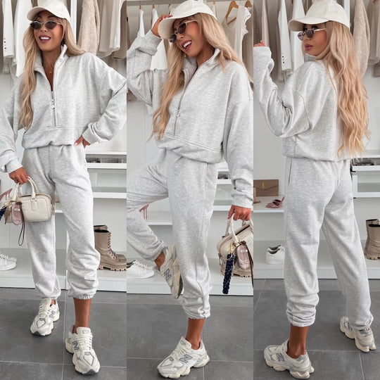 Damen Sportlicher Hoodie mit halbem Reißverschluss und bequemen Jogginghosen Heidi-Mode