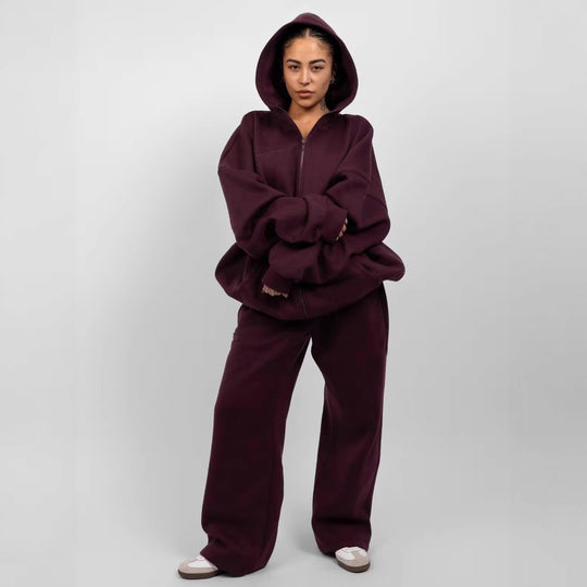 Damen oversized Fleece-Hoodie mit lässigem Reißverschluss und Kängurutaschen Heidi-Mode