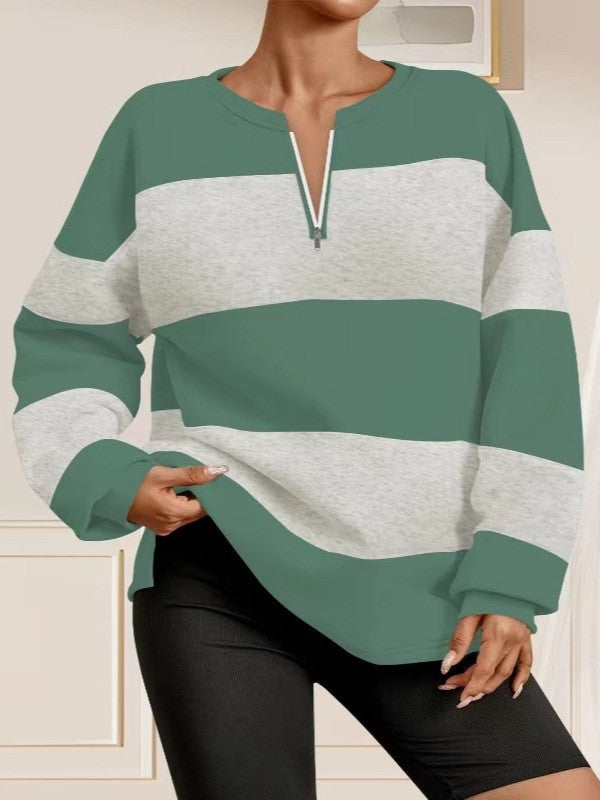 Damen Langarm Sweatshirt mit modernem Reißverschluss und gestreiftem Design Heidi-Mode