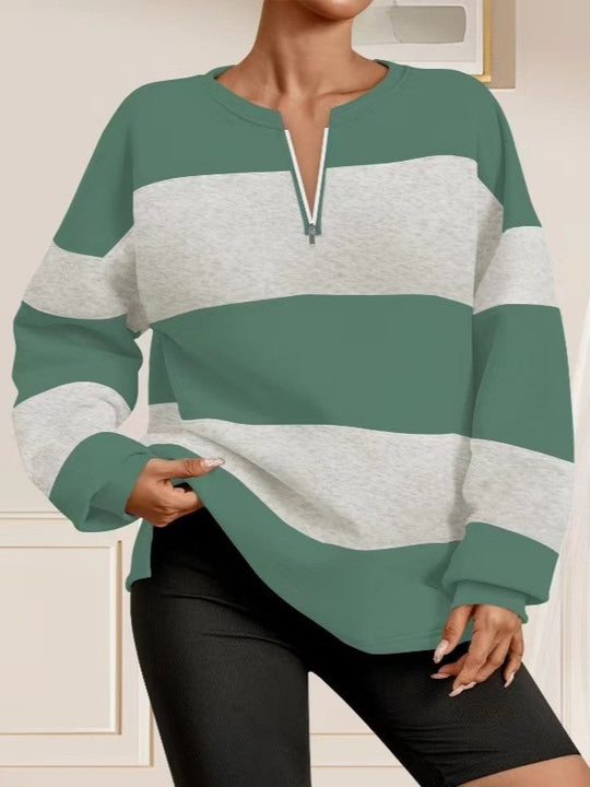 Damen Langarm Sweatshirt mit modernem Reißverschluss und gestreiftem Design Heidi-Mode