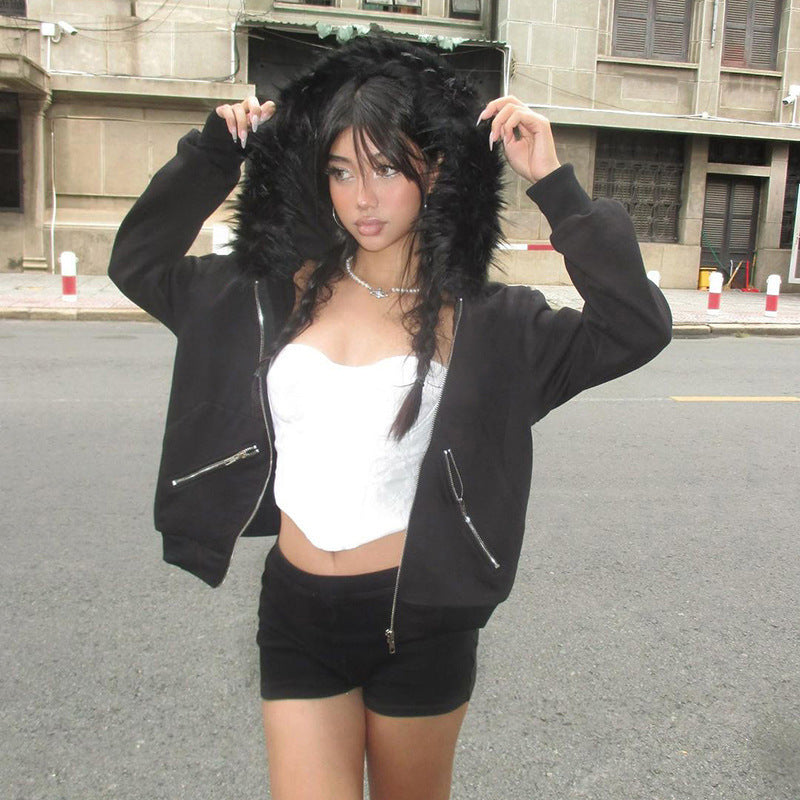 Damen warme Sweatjacke mit abnehmbarem Kunstfellkragen Heidi-Mode