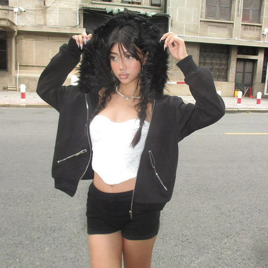 Damen warme Sweatjacke mit abnehmbarem Kunstfellkragen Heidi-Mode