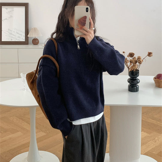 Damen lässiger Pullover mit kurzem Reißverschluss und entspannter Passform Heidi-Mode