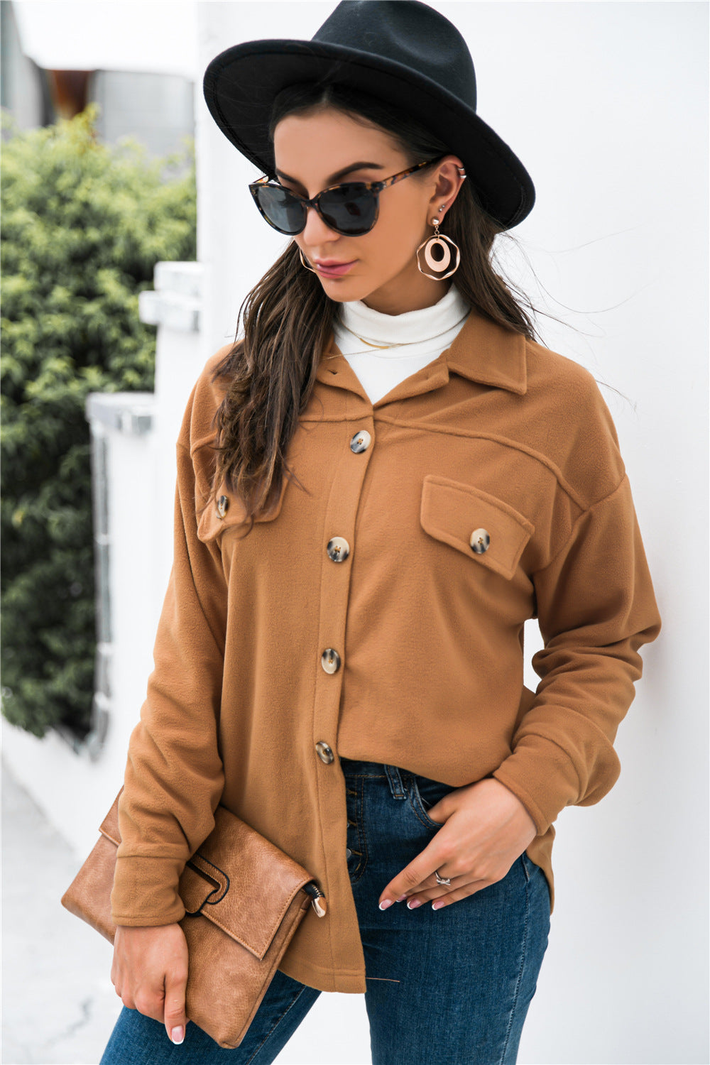 Damen oversize Blusenjacke aus weichem Fleece mit Knopfleiste und Brusttaschen Heidi-Mode