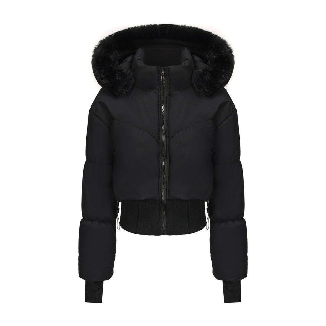 Damen cropped Daunenjacke mit abnehmbarer Kapuze und Kunstfellbesatz Heidi-Mode