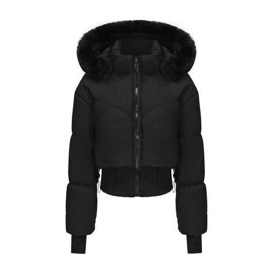 Damen cropped Daunenjacke mit abnehmbarer Kapuze und Kunstfellbesatz Heidi-Mode