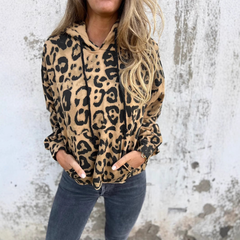 Damen Kapuzenpullover mit lässigem Leopardenmuster und praktischen Seitentaschen Heidi-Mode