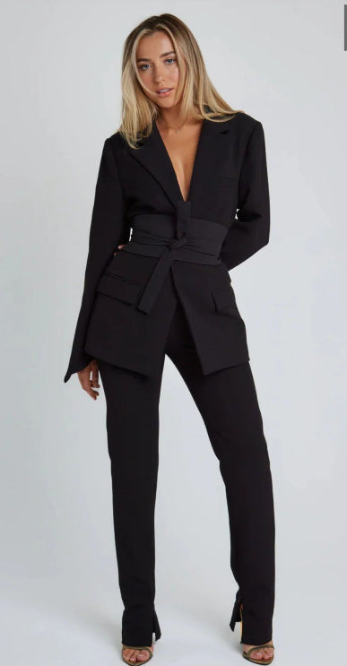 Heidi-Mode | Blazer Longline Tailored Fit Selbstbinder Taille Revers Taschen