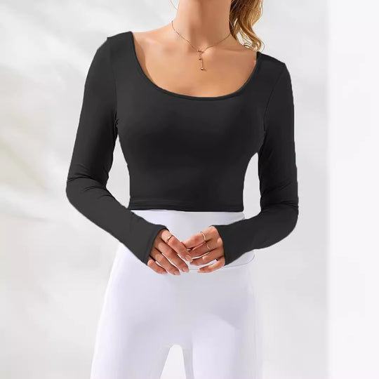 Damen figurbetontes Langarmoberteil mit Rundhalsausschnitt und Daumenlöchern Heidi-Mode