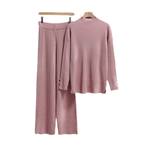 Damen lässiger Strickanzug mit Stehkragen und Knopfdetails Heidi-Mode