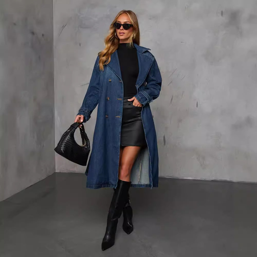 Damen Denim Trenchcoat mit Gürtel und praktischen Taschen Heidi-Mode