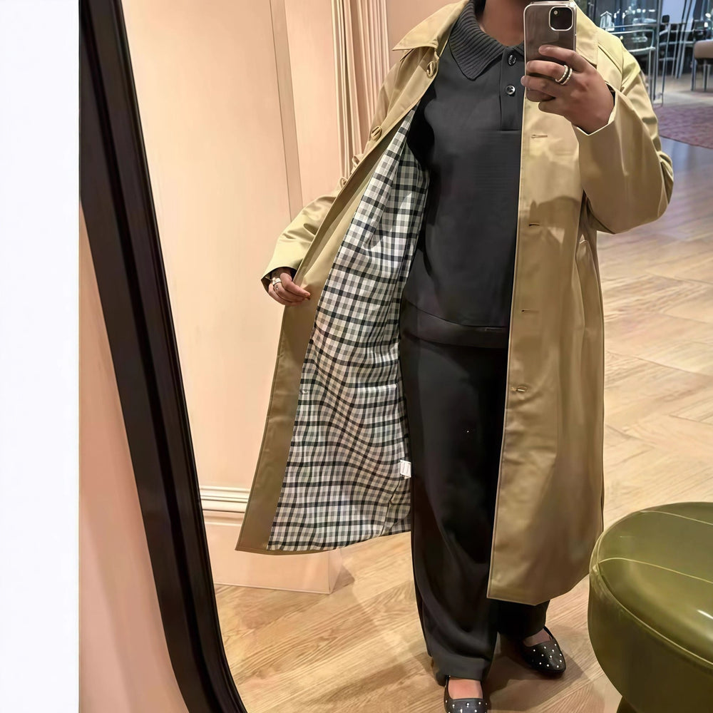 Damen Elegante Trenchcoat mit karierter Innenausstattung und weitgehendem Schnitt Heidi-Mode
