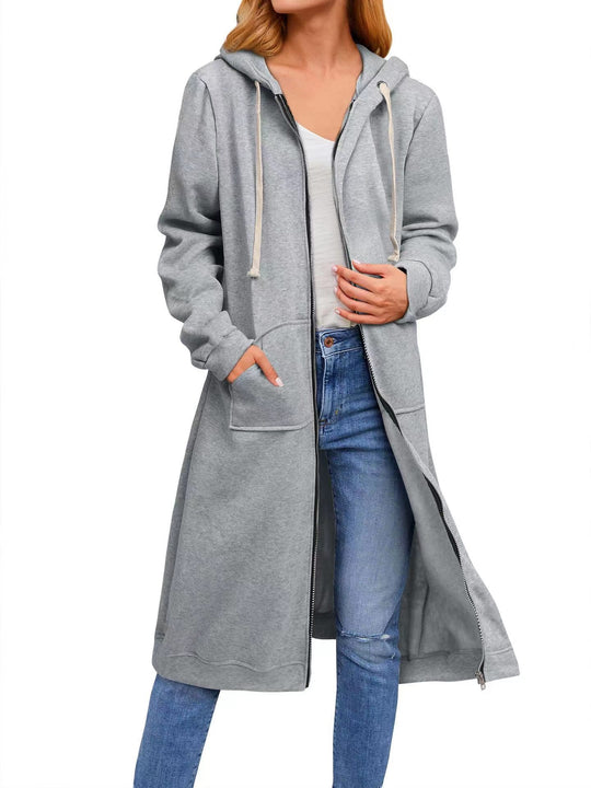 Damen Long Hoodie-Jacke aus bequemen Sweatmaterial mit Taschen Heidi-Mode