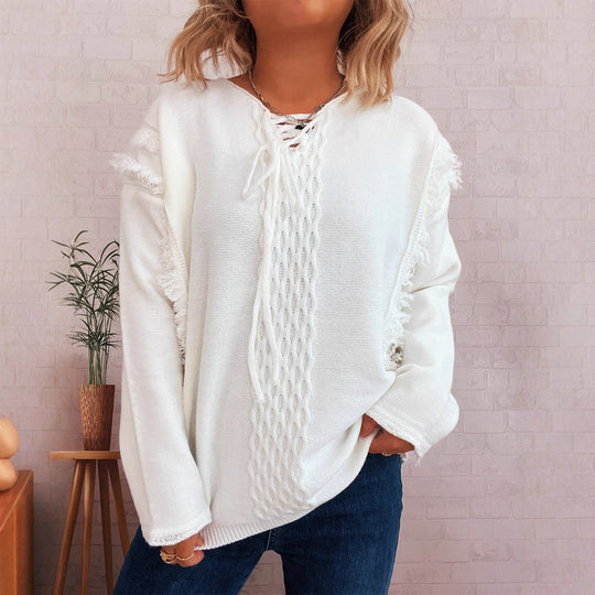 Damen Oversize-Strickpullover mit verspieltem Fransen-Design und Zopfmuster Heidi-Mode