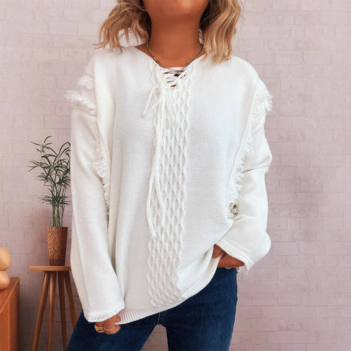 Damen Oversize-Strickpullover mit verspieltem Fransen-Design und Zopfmuster Heidi-Mode