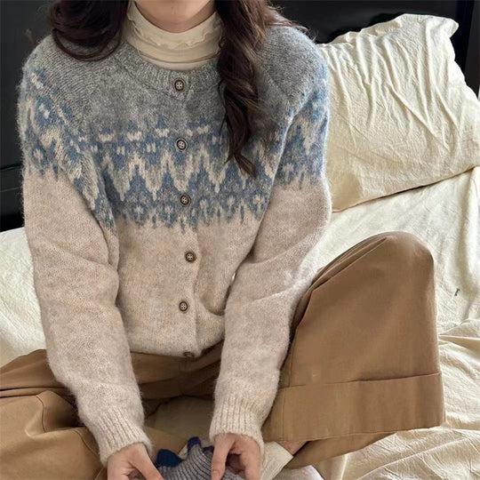 Damen Grobstrick Cardigan mit geometrischem Fair-Isle-Muster und eleganter Knopfleiste Heidi-Mode