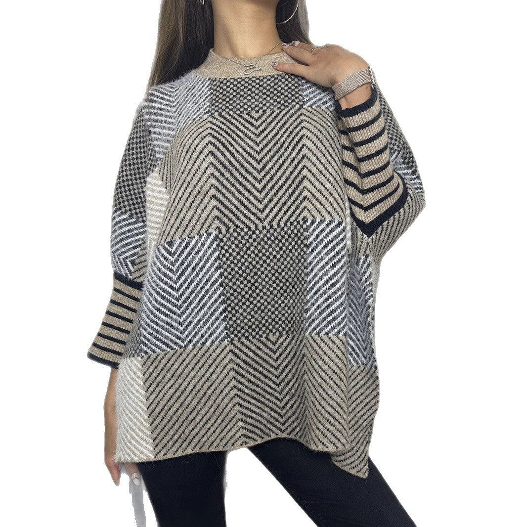 Damen asymmetrischer Strickpullover mit Zickzackmuster Heidi-Mode